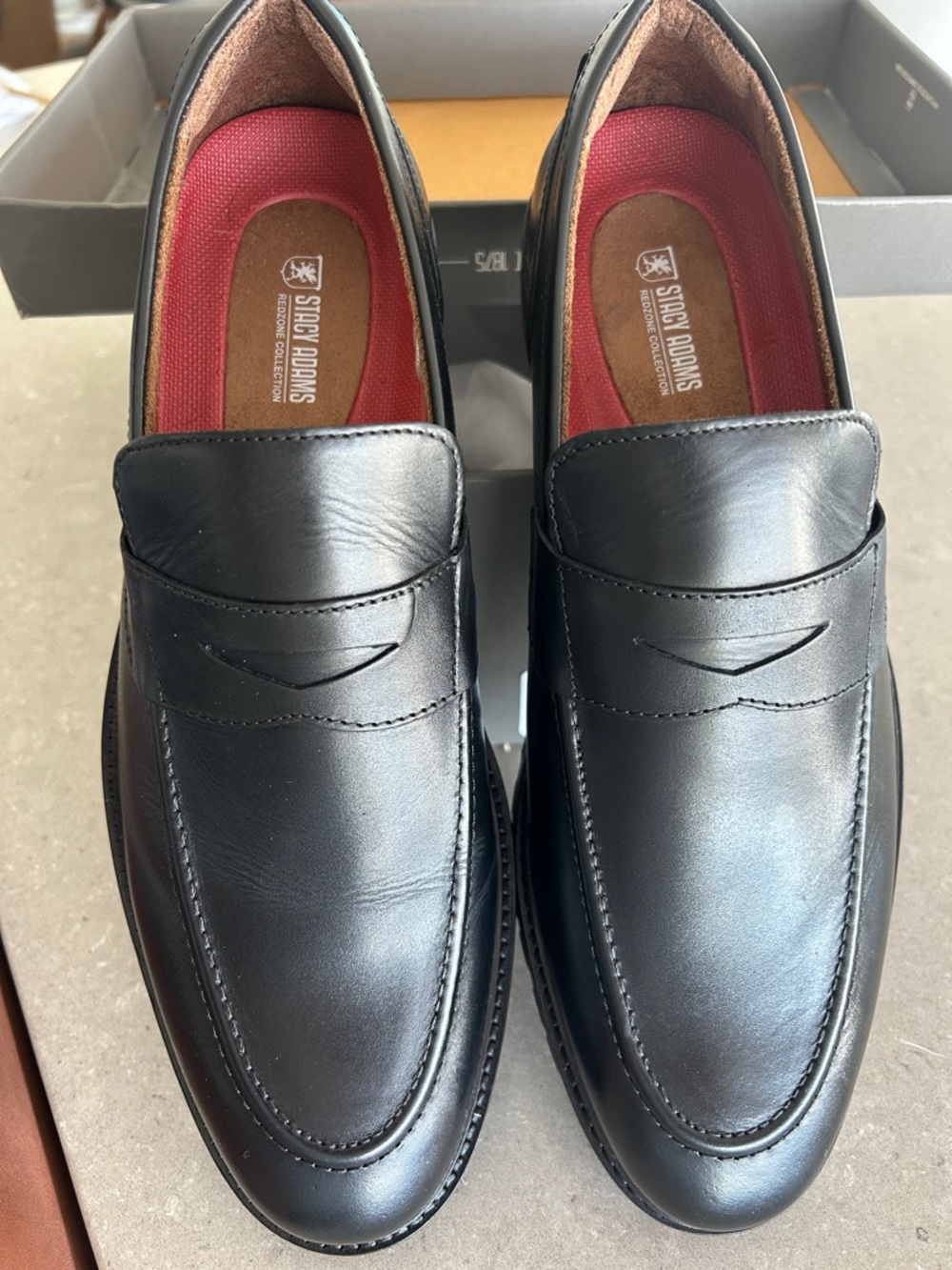 Stacy Adams Black Leather Penny Loafers with Red Insole Accents